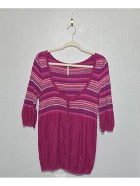 Free People Cardigan Sweater Medium M Pink Purple Fair Isle Striped Knit Peplum